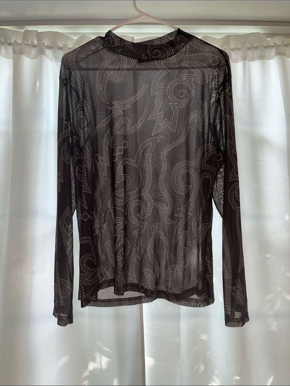 Gray Sheer Long-Sleeve Mesh Top with Abstract Swirl Pattern